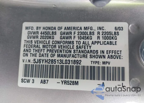 2003 Honda Element Ex z USA, uszkodzony, nr VIN 5J6YH28513L031892